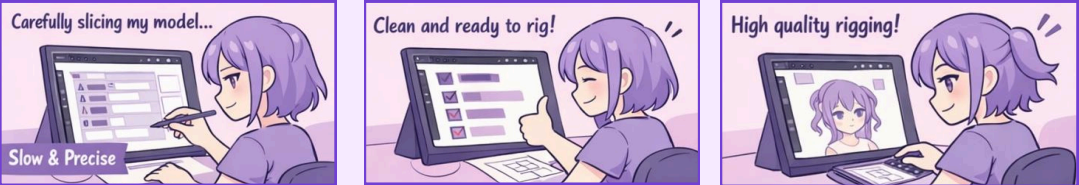 Storyboard showing a manual animation workflow: careful slicing, clean rig preparation, and high-quality rigging.